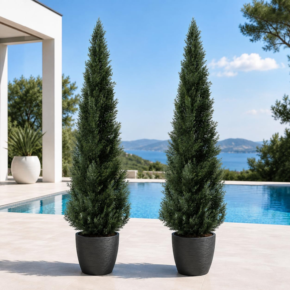 6 feet pre-potted evergreen outdoor artificial cedar tree, front angle view