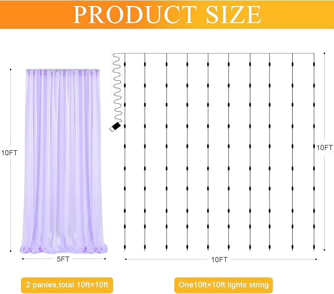 Fomcet Lavender Tulle Backdrop Curtains with Lights String 10FT X 10FT Sheer Curtain with Lights Tulle Curtains Backdrop for Wedding Birthday Party Photo Shoot (2 Panels 5x10FT)