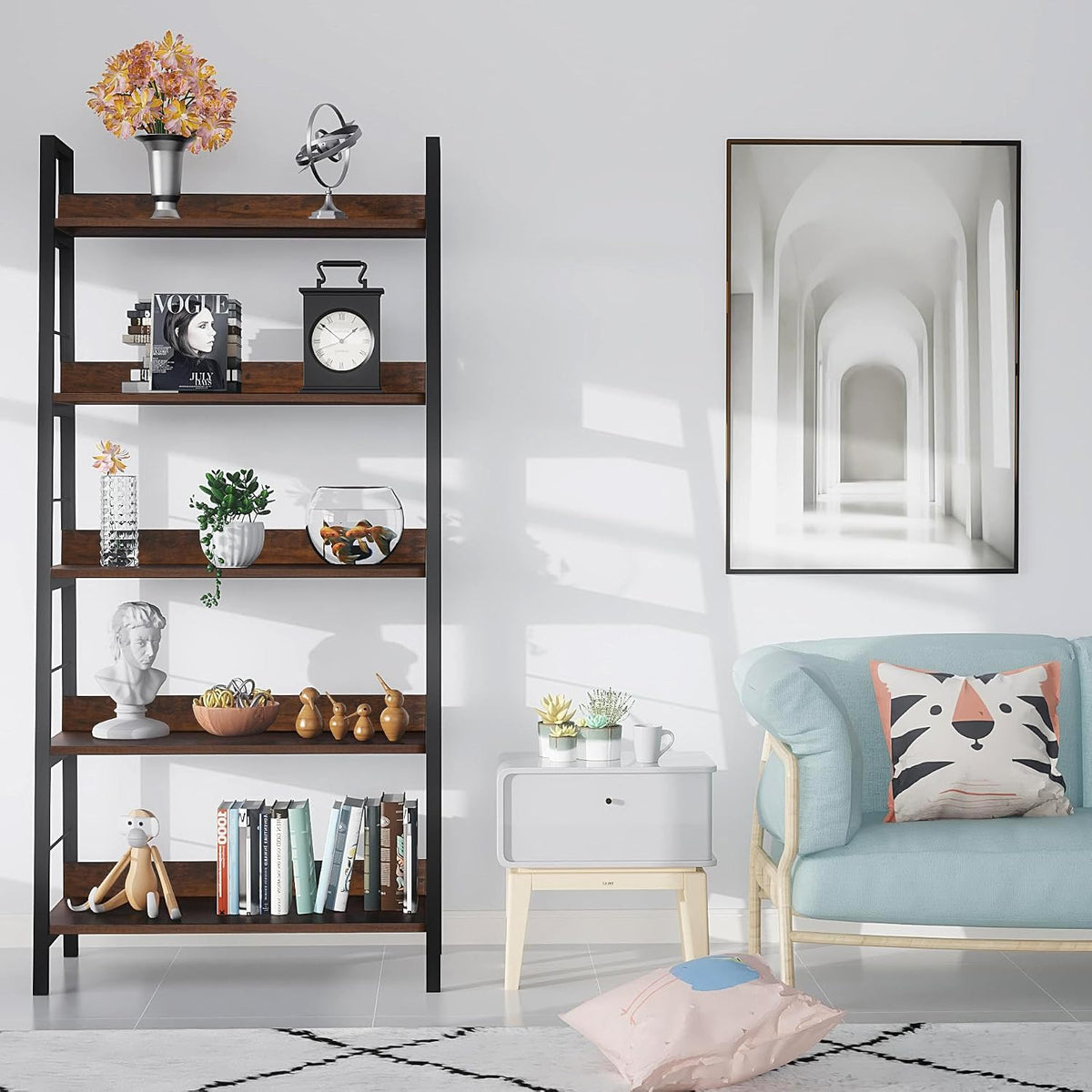 industrial bookshelf,ladder shelf 5 tier large bookcases floor, package contents