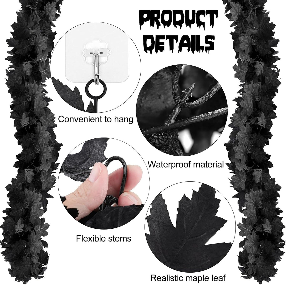 joyhalo 8 pack 5.7ft halloween garland black leaf, close-up detail