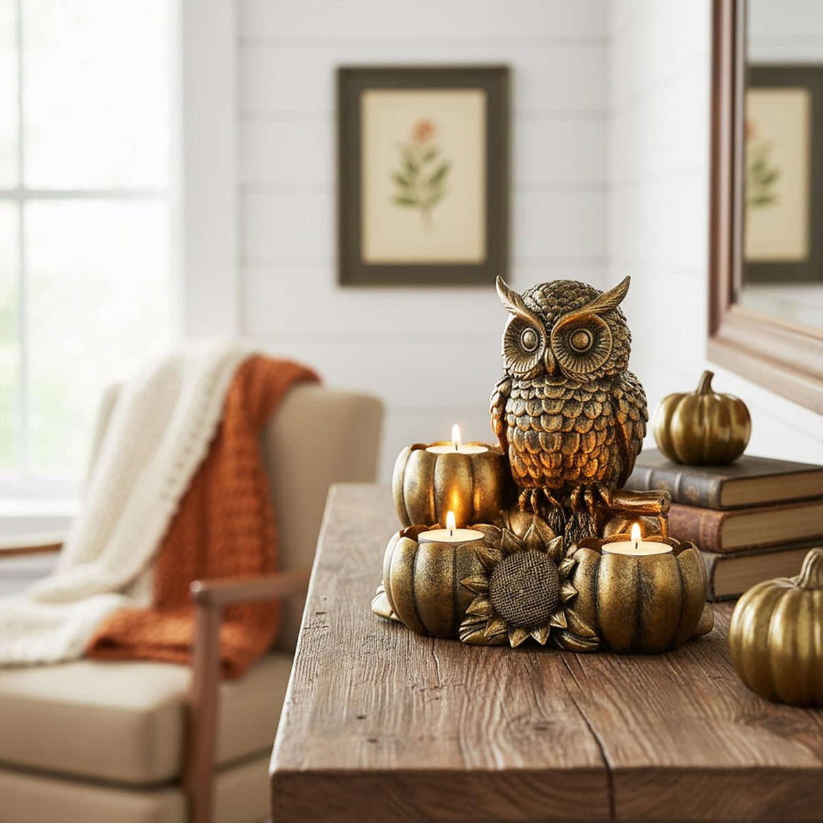 Gold Animal Candle Holders - Owl Vintage Rustic Pedestal Candlesticks, Harves...