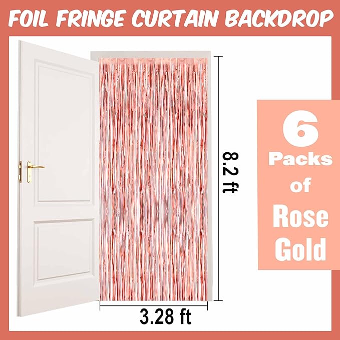 6 Pack Rose Gold Foil Fringe Curtains Backdrop, 3.28 x 8.2 Ft Metallic Streamers Tinsel Curtains Background for Photo Booth, Birthday, Weddings, Carnivals, Graduation, Themed Party Decorations