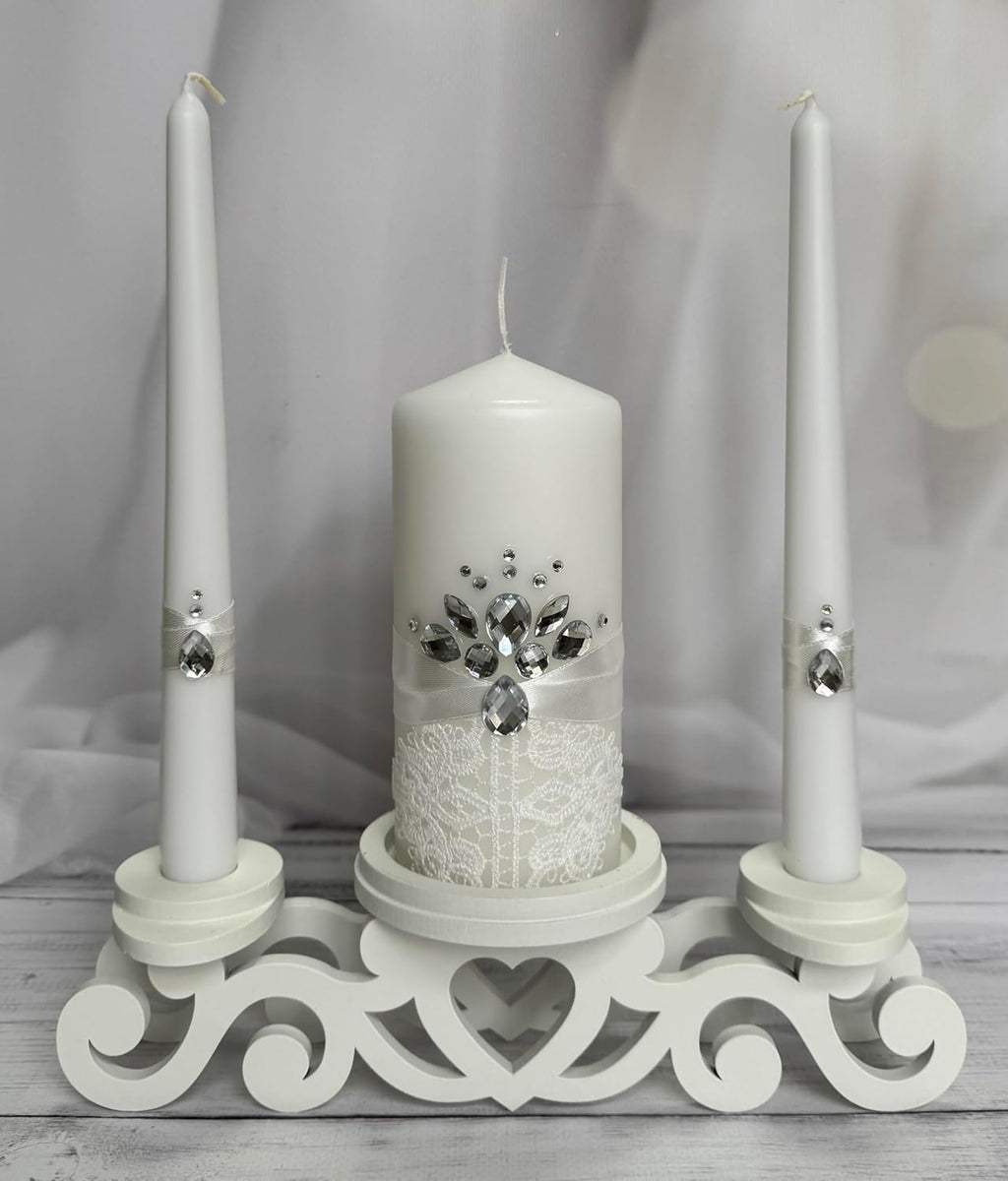 Unity Candle Set - Wedding Ceremony & Reception – 6” Pillar & Two 10” Taper Candles – Long Burning Unity Candles for Marriage Ritual – Handmade in USA – White|Cristal|Lace