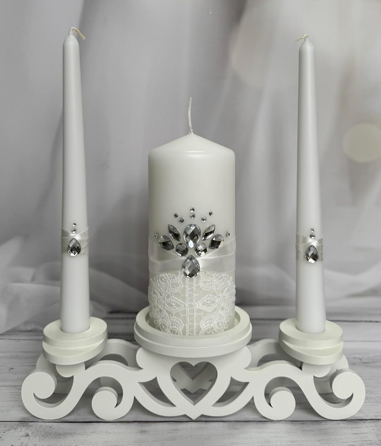 Unity Candle Set - Wedding Ceremony & Reception – 6” Pillar & Two 10” Taper Candles – Long Burning Unity Candles for Marriage Ritual – Handmade in USA – White|Cristal|Lace