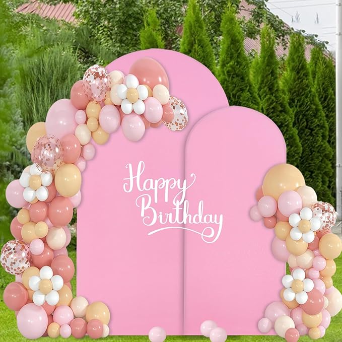 WEERRW Pink Arch Backdrop Cover Set of 2 Spandex Fitted Round Top Chiara Backdrop Stand Stretchy Wedding Covering for Event Birthday Party Banquet Decoration (6FT, 7.2FT)