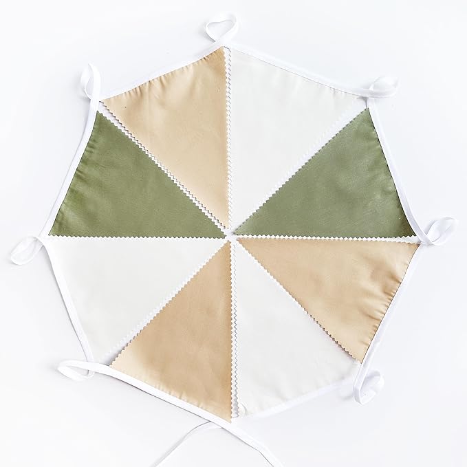 32Ft Camping Party Decorations Olive Green Tan Brown Cream Neutral Triangle Flag Fabric Banner Pennant Garland Streamers for Woodland Birthday Jungle Baby Shower Safari Camper Bachelorette Decor
