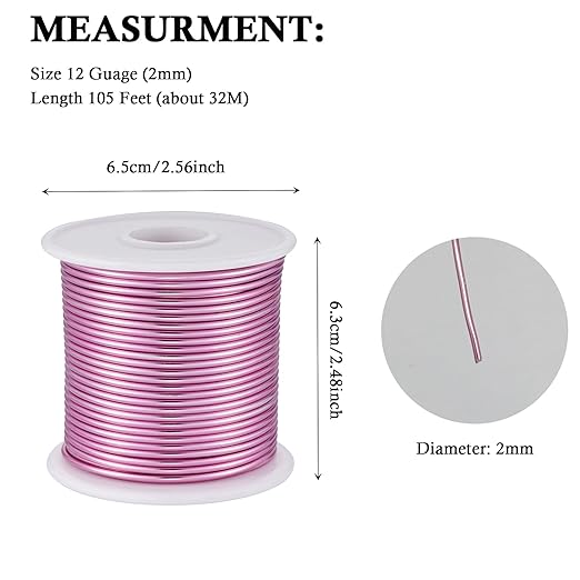 12 Gauge Pink Aluminum Craft Wire (105FT) - Anodized for Jewelry Making, Beading Floral, Plant Gardening, Sculpting & Modeling Craft Wire(Pink #13, 2mm)