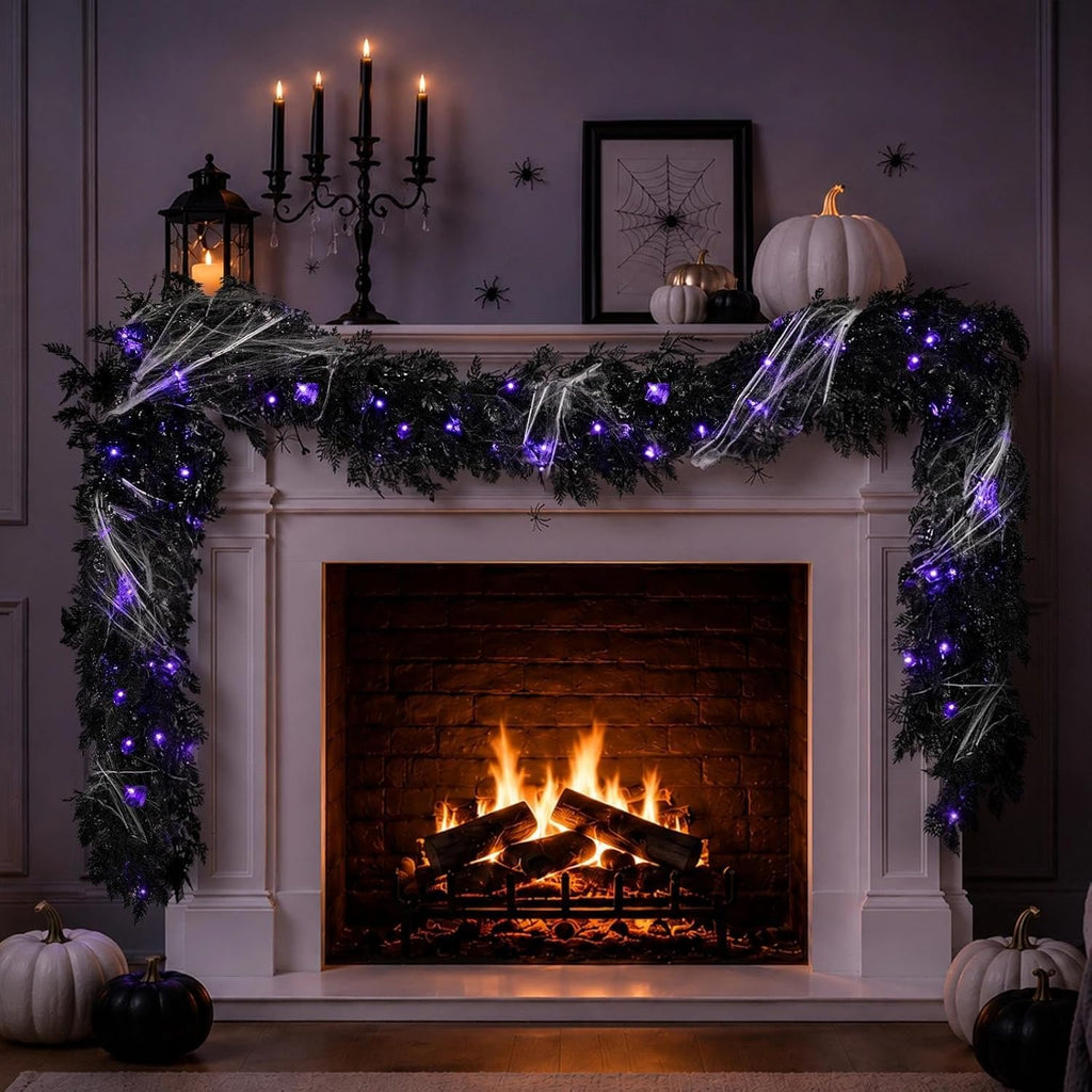pre-lit halloween garland decorations black real touch cedar, main product view