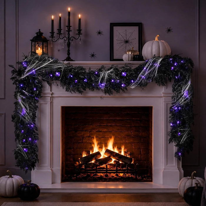 Pre-lit Halloween Garland Decorations Black Real Touch Cedar Cypress with Berry & Spider & Spiderweb Halloween Garland for Mantle, Fireplace, Table, Stairs, Door, Indoor Outdoor Decor, 9FT