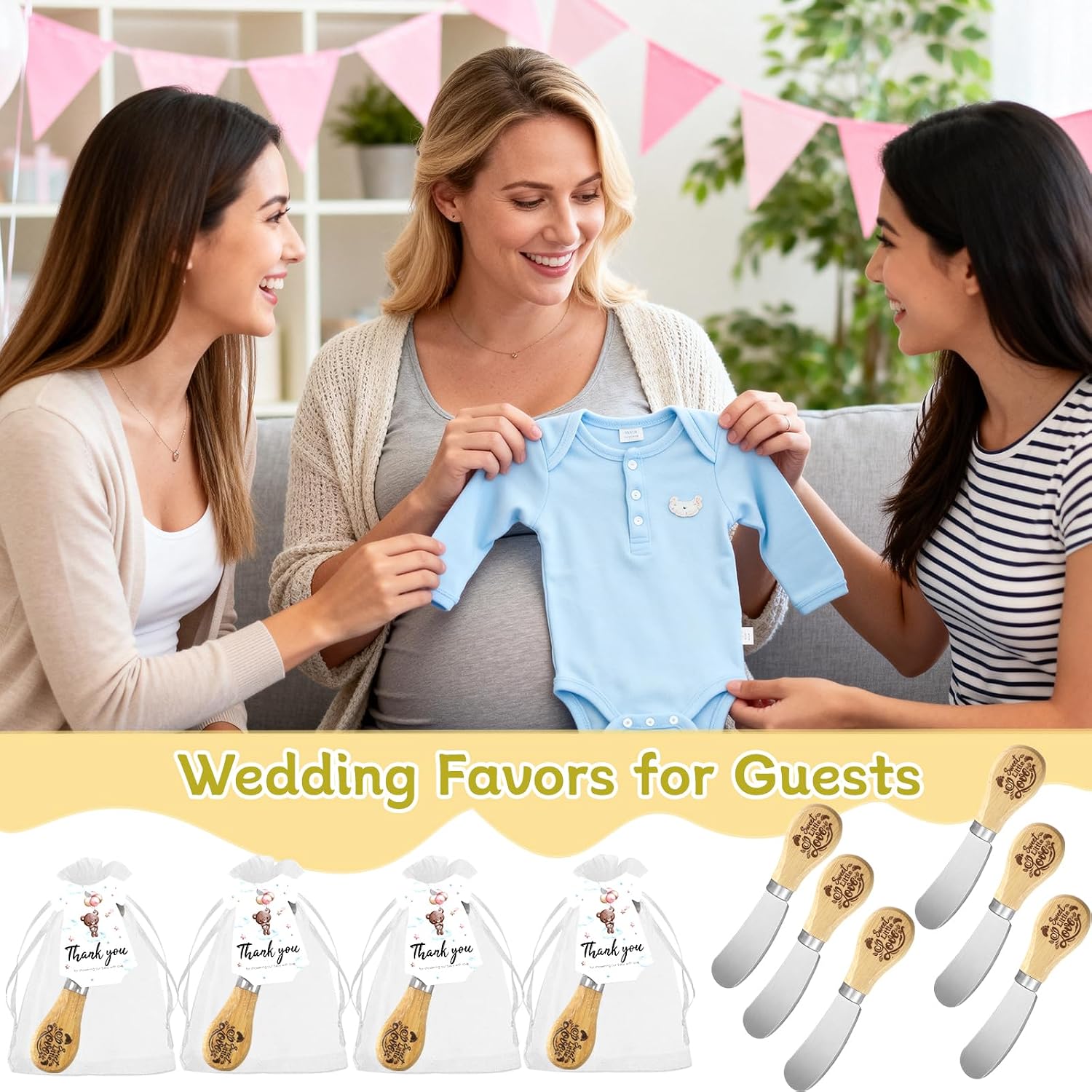 ERTIUANIO 20 Sets Baby Shower Favors Bulk, Baby Showerl Gifts for Guests Game Winner Prizes, Butter Knife with Wood Handle With Thank You Card and Gift Bags for Bridal Shower Wedding Favors