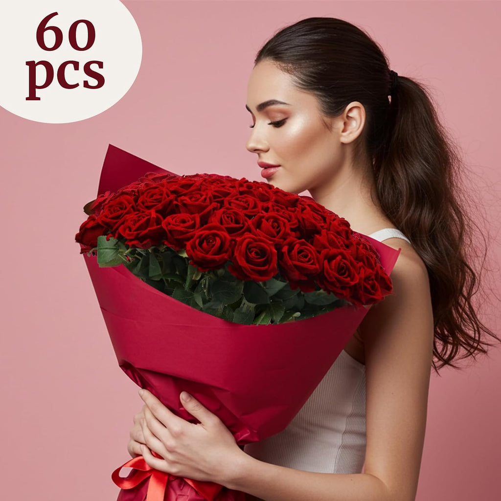 auihiay 60pcs red roses artificial flowers, faux roses on a desk or shelf