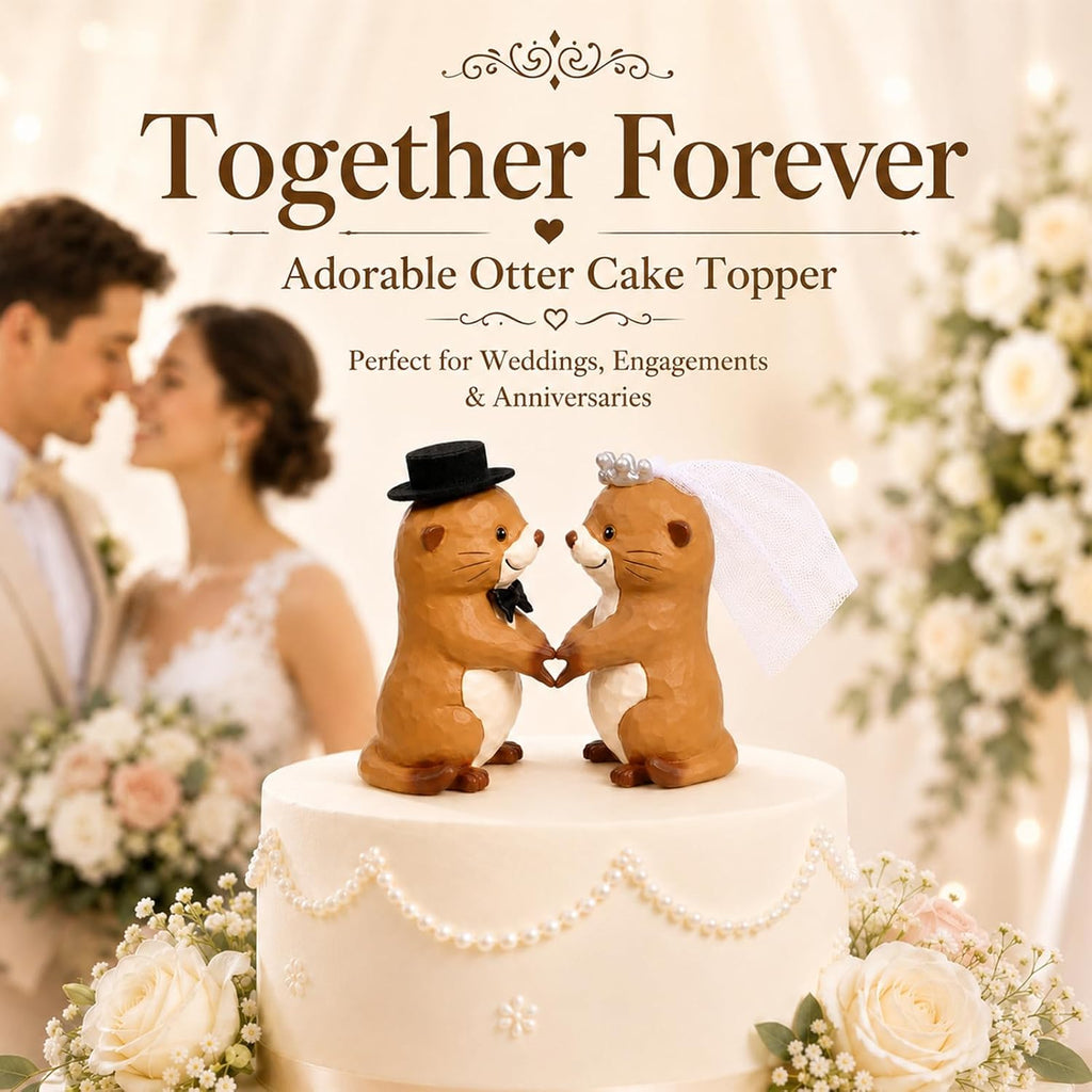 Funny Wedding Cake Toppers, Otter Bride and Groom Couple Cake Topper for Wedding Engagement Anniversary, Unique Cute Figurine Keepsake with Veil and Top Hat