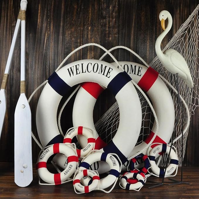 MorroMorn Lifebuoy Wall Hanging Decor - Welcome Aboard Mediterranean Style Home Decoration (Red, 14")