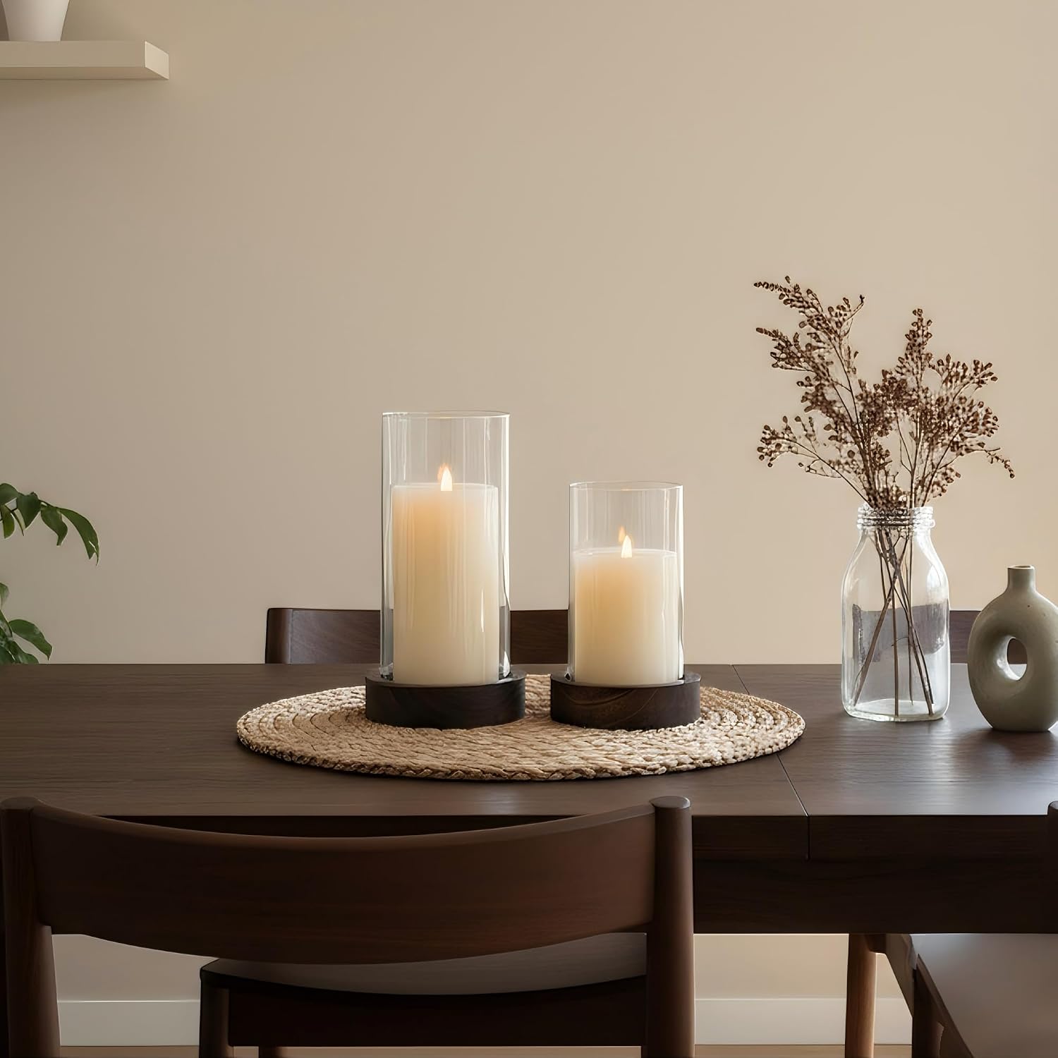 Ronasip Set of 2 Hurricane Candle Holders with Wood Base & Glass Cylinder (4.2x5.9” & 4.6x7.8”) – Rustic Wooden Candle Holders for Home Decor, Weddings, Table Centerpieces (2, Brown)
