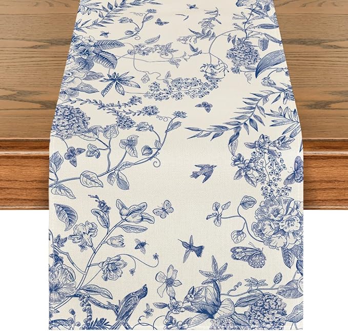 Artoid Mode Monochrome Sketch Birds and Flowers Spring Table Runner, Seasonal Summer Fall Kitchen Dining Table Decoration for Home Party Decor 13x48 Inch