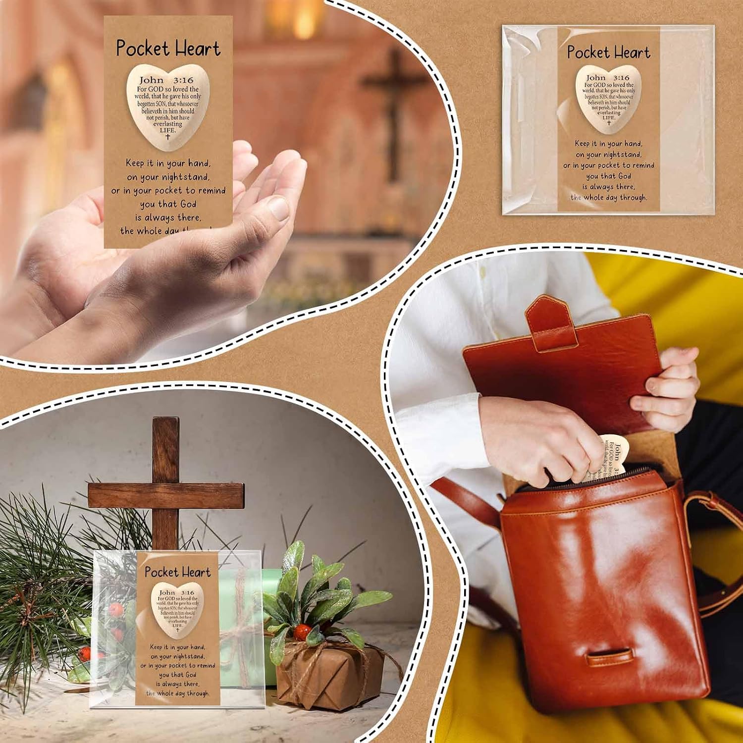 Leinuosen Christian Gifts John 3: 16 Pocket Hug Heart Token Wooden Bible Verses Token with Prayer Cards for Church Supplies(30 Set,Wood)