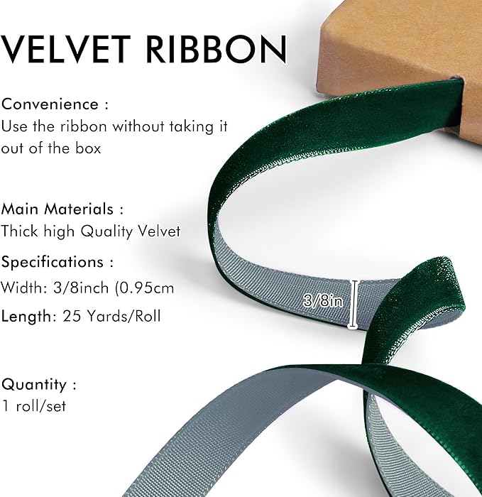 Dark Green Velvet Ribbon 3/8'' 25 Yards for Christmas Tree, Gift Wrapping, Flower Bouquet, Wreath Decorations, Bow Making