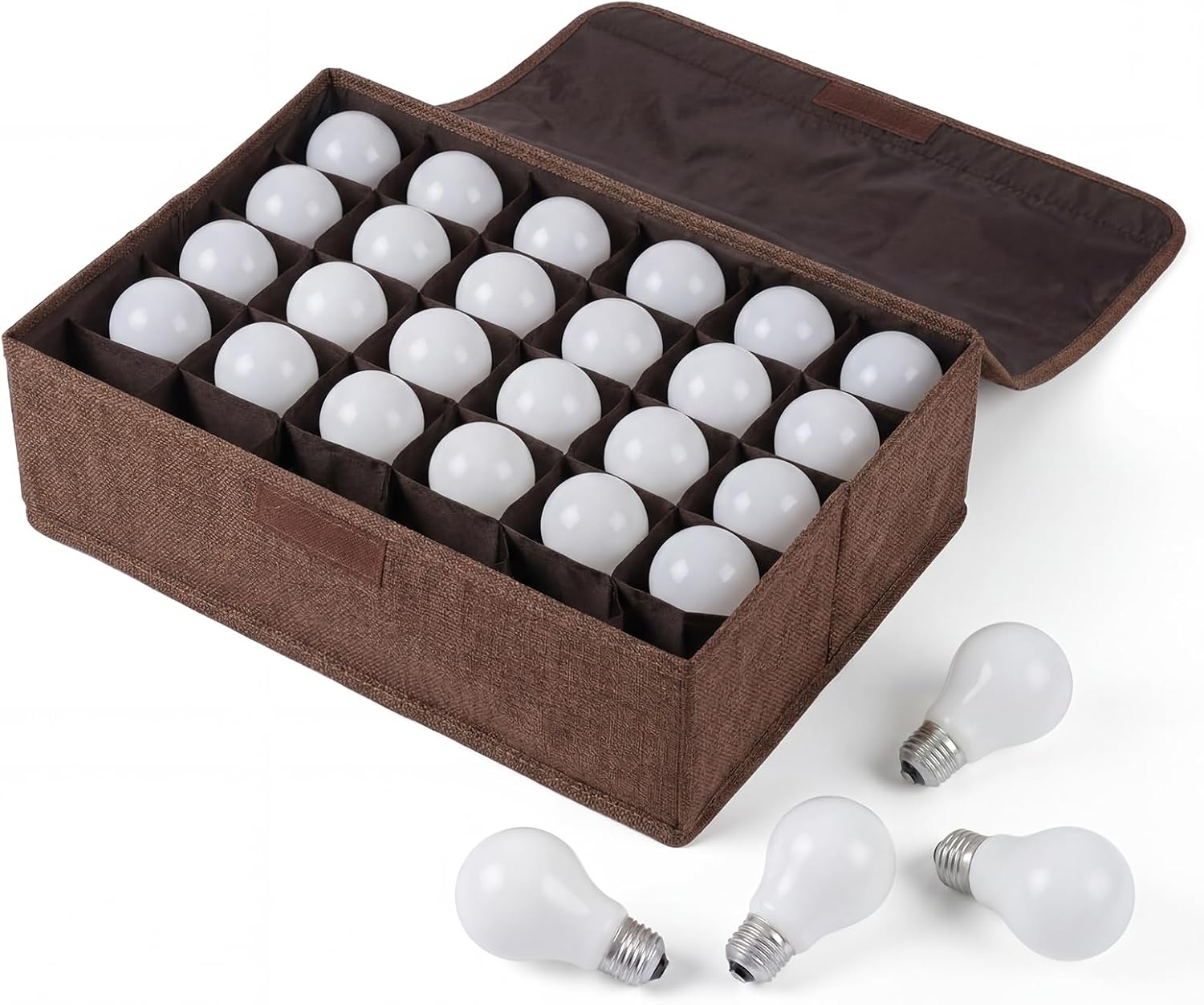 1 Pcs Light Bulb Organizer Storage Box Ornament Storage with 30 Dividers Foldable Bulbs Organizer with Lid Sturdy PP Board Fits Various Standard Dustproof Fabric Case for Home Vbs (Coffee)