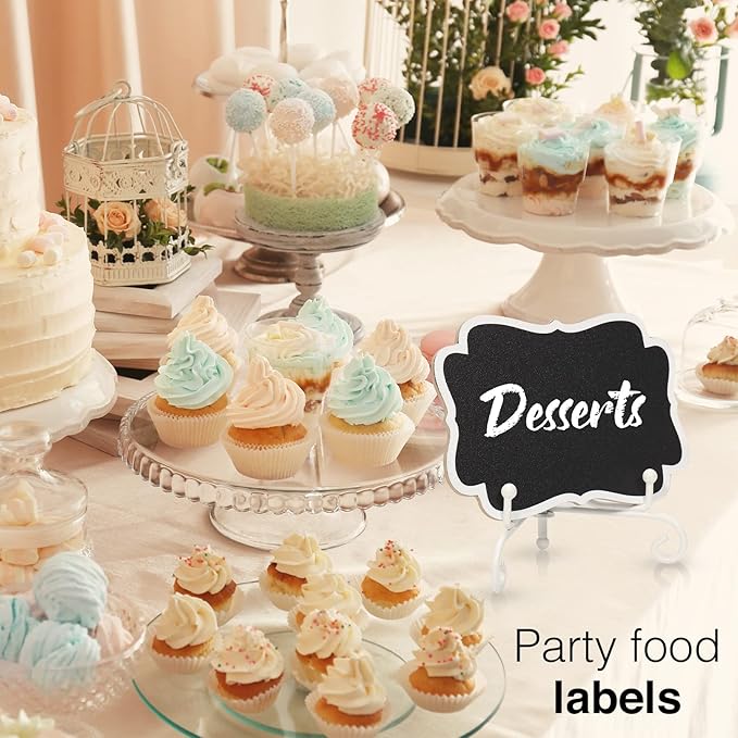 Mini Chalkboard Signs for Food Labels for Party Buffet, Small Place Cards or Name Tags with Iron Stand for Chafing Dish, Mimosa Bar Supplies, Wedding Chalk Board Sign with 2 Pens, 10 Pack White
