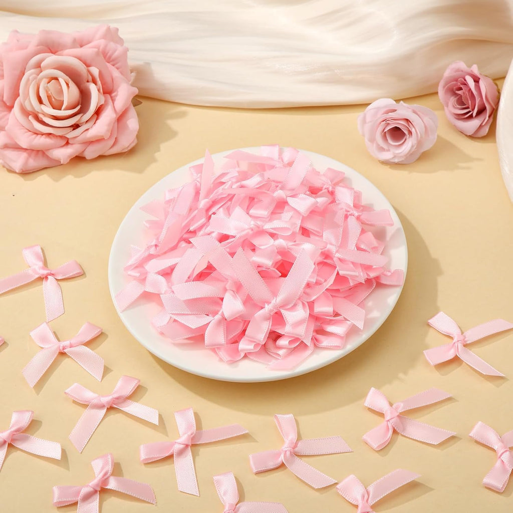 120 Pcs Mini Pink Bows for Crafts with Self-Adhesive Dot, 1.57" Small Satin Ribbon Bows for Gift Wrapping Cake Decorations Sewing Scrapbook Card Making Wedding Bow Party Decoration