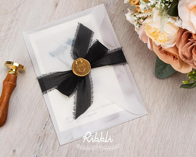 Ribbli Black Ribbon 1 Inch x 3 Rolls Total 24 Yards Handmade Fringe Chiffon Silk Ribbon for Wrapping Wedding Invitations Bridal Bouquets DIY Crafts Home Decor