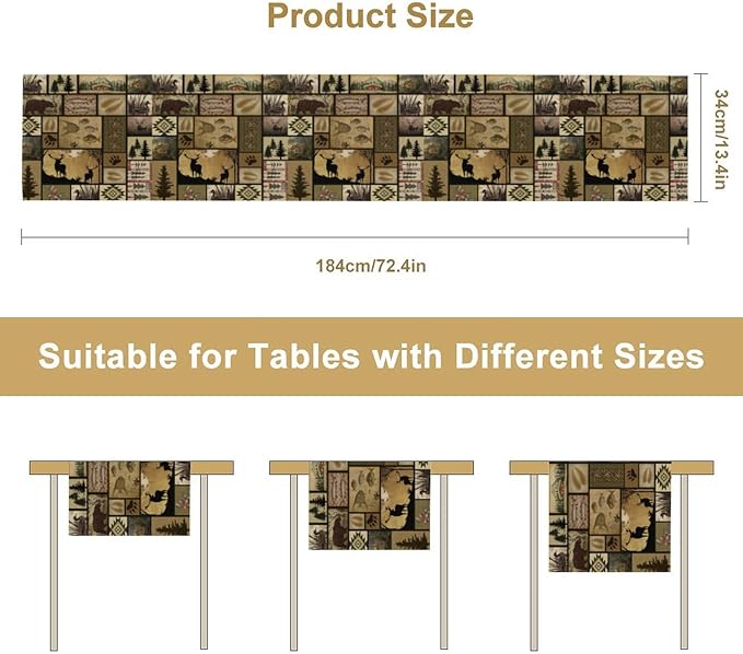Vintage Deer Bear Table Runner, Fish Retro Farmhouse Cabin Lake Country Lodge Table Runner for Home Dinner Kitchen Living Room, 13x108 Inch