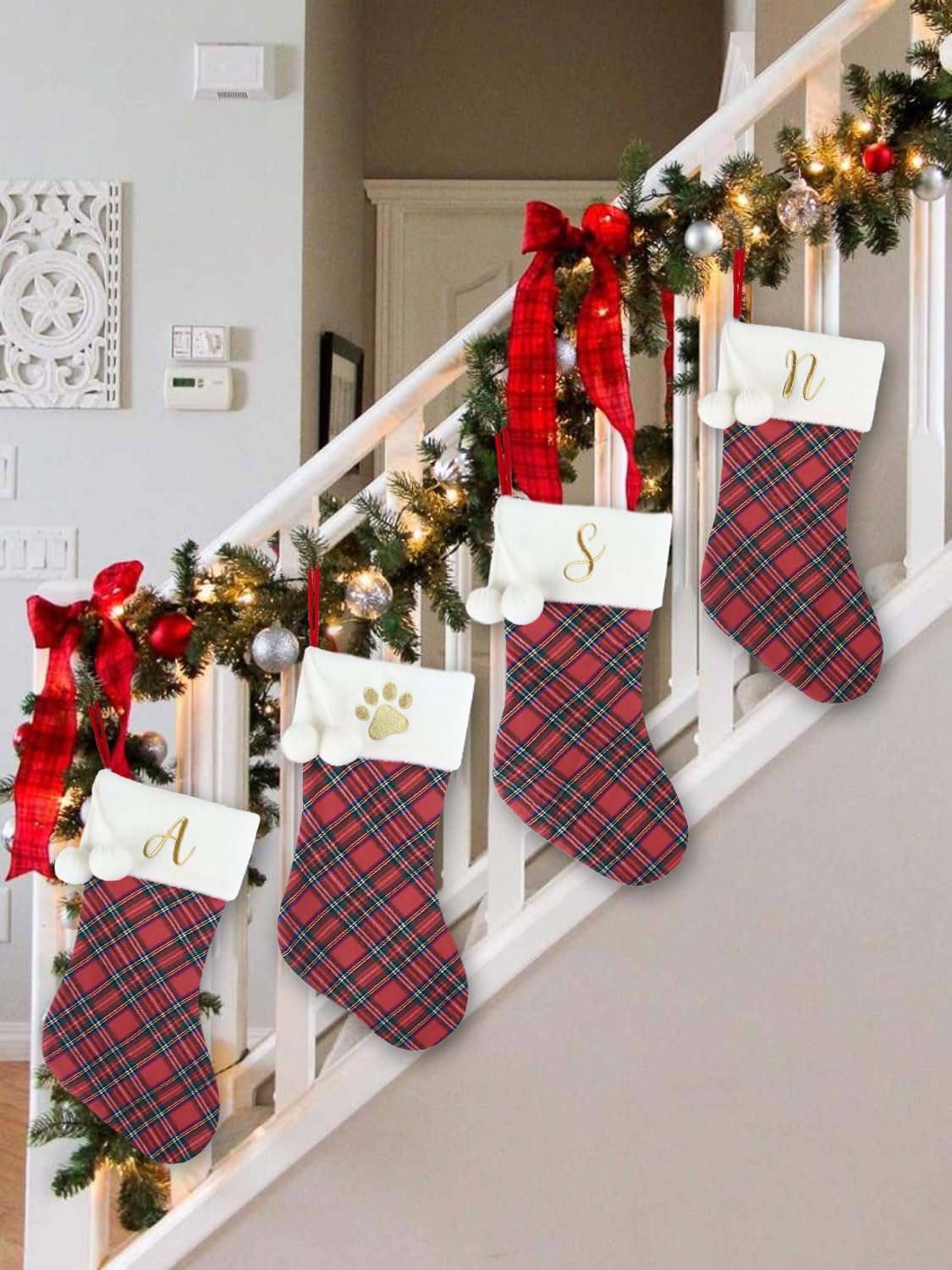 20" Classic Plaid Christmas Stockings Initial Monogram Embroidered Stockings with Pom Pom Ball for Christmas Fireplace Decor and Xmas Gift (M)