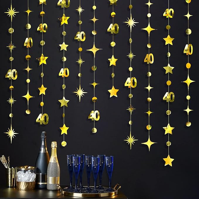 Gold 40th Birthday Decorations Number 40 Circle Dot Twinkle Star Garland Metallic Hanging Streamer Bunting Banner Backdrop for Women Mens 40 Year Old Birthday Forty Anniversary Party Supplies