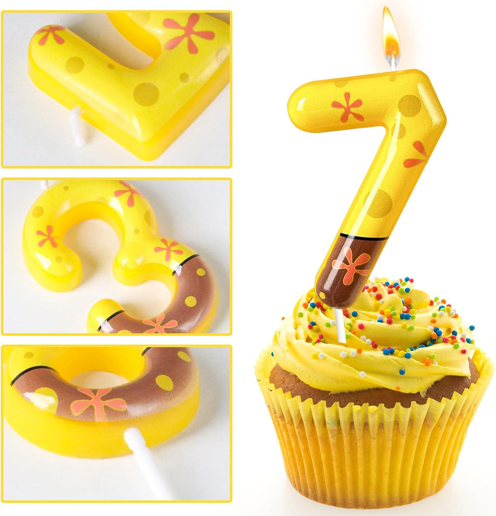 Number 7 Birthday Candle, 7th Birthday Cake Decoration, Playful Yellow and Polka Dot Print, Suitable for Ocean Cartoon Theme Party Supplies and Celebration Decorations(Yellow 7)