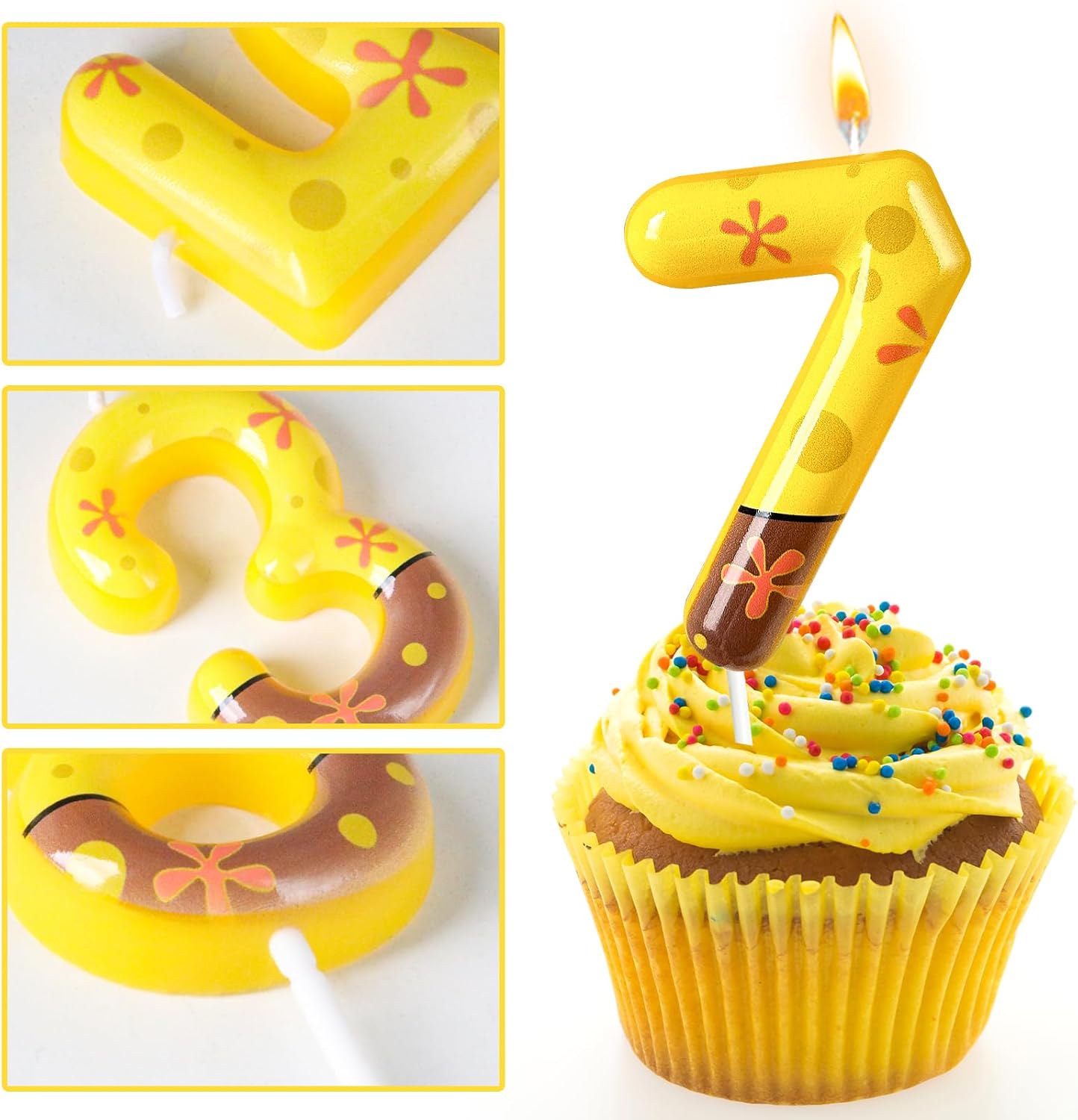 Number 7 Birthday Candle, 7th Birthday Cake Decoration, Playful Yellow and Polka Dot Print, Suitable for Ocean Cartoon Theme Party Supplies and Celebration Decorations(Yellow 7)