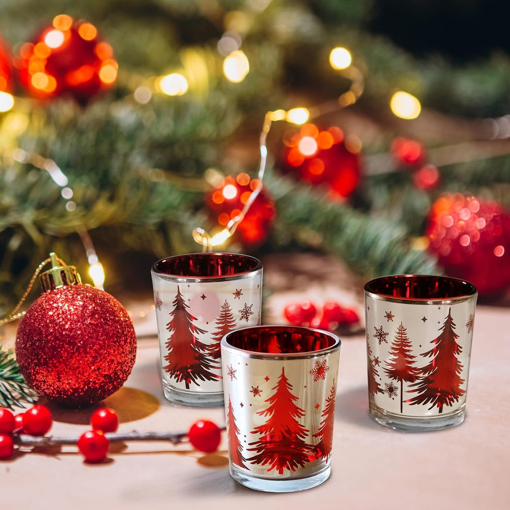 Christmas Candle Holders 12PCS, Silver Red Votive Tealight Candle Holders with Carved Christmas Trees for Xmas Table Centerpiece Decor