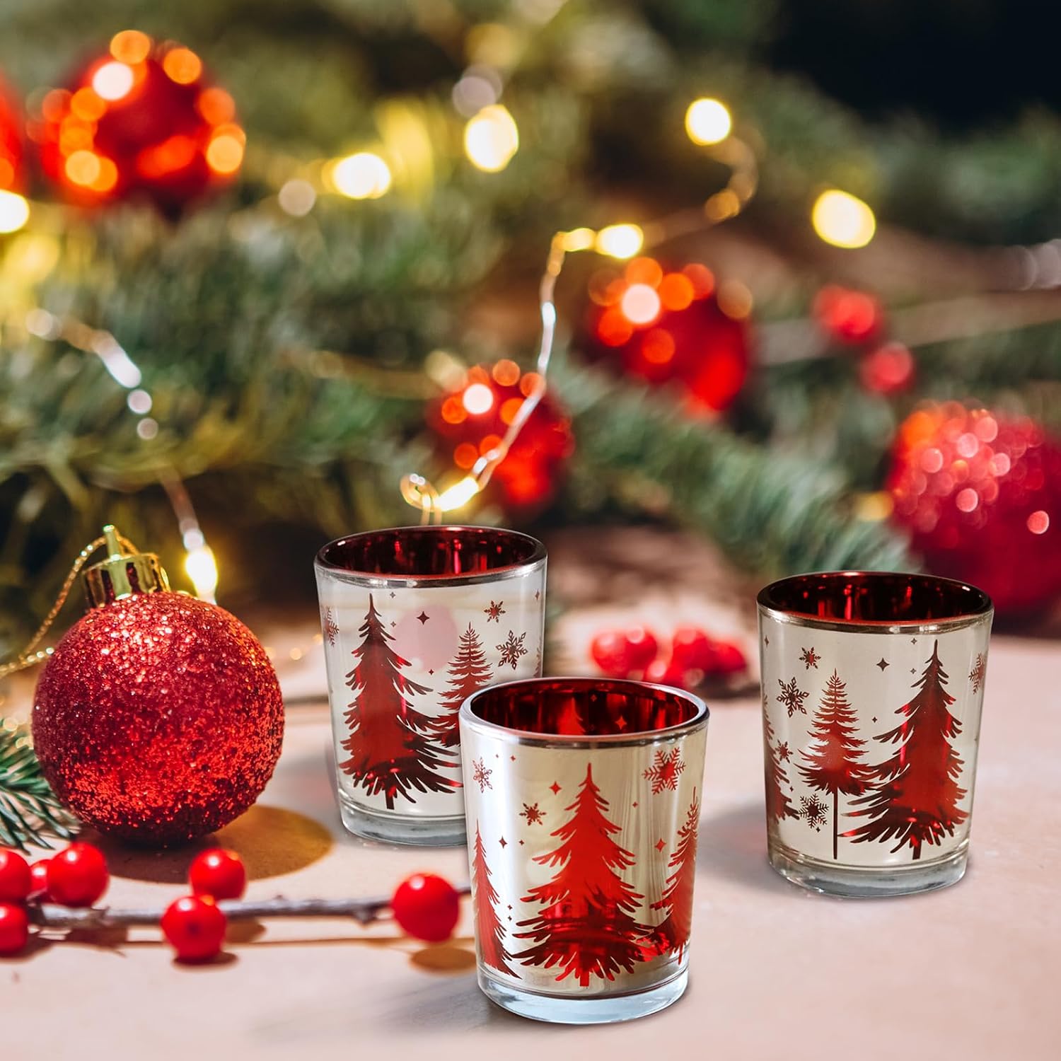 Christmas Candle Holders 12PCS, Silver Red Votive Tealight Candle Holders with Carved Christmas Trees for Xmas Table Centerpiece Decor