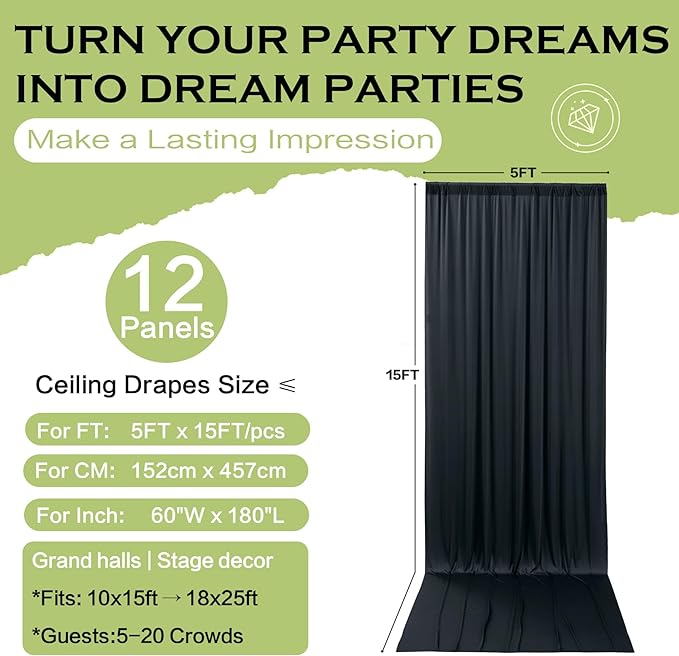 PartyVillage 60ft×15ft Black Backdrop Curtain for Halloween Parties, 12 Panels Wrinkle Free 15 FT Long Polyester Photo Backdrop Drapes Back Drop Cloth for Birthday Photography Background