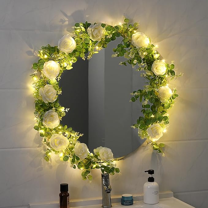 Dolicer 2Pcs 13Ft Artificial Eucalyptus Garlands with Flowers - 8 Roses, Faux Floral Greenery Garlands with 13Ft String Lights Fake Flower Vines for Wedding Table Centerpieces Arch Party Decor (White)