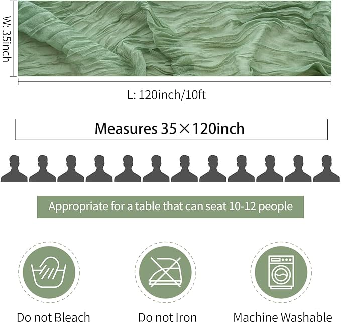 12 Pack Sage Green Table Runner Cheesecloth 35x120 Inch, 10Ft Boho Sheer Gauze Table Runner Cheese Cloth Runner for Wedding Baby Shower Fall Thanksgiving Home Decorations