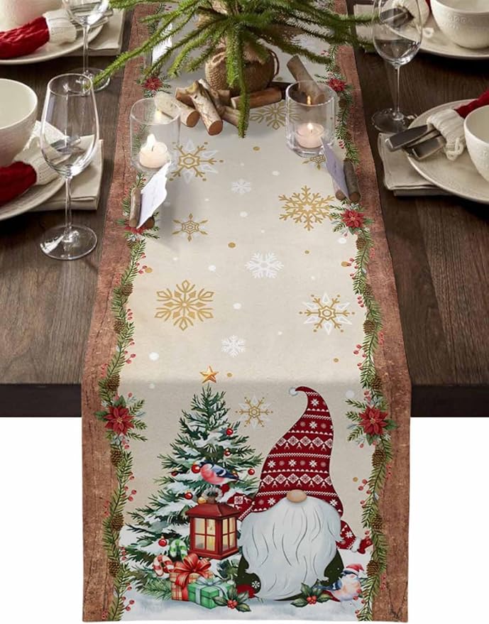 Christmas Gnomes Cotton Linen Table Runner for Dining Kitchen, Xmas Pine Tree Snowflake Rustic Wedding Outdoor Party Tablerunners Decoration, Retro Wood Dresser Scarf Tablecloth Runners 13x90 Inches