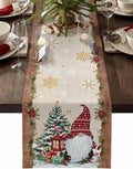 Christmas Gnomes Cotton Linen Table Runner for Dining Kitchen, Xmas Pine Tree Snowflake Rustic Wedding Outdoor Party Tablerunners Decoration, Retro Wood Dresser Scarf Tablecloth Runners 13x72 Inches
