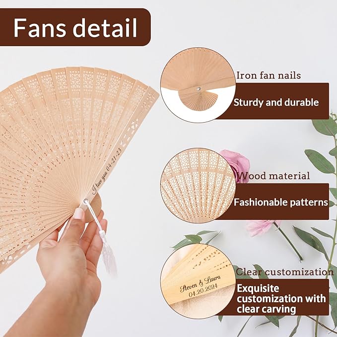 20Pcs Personalized Folding Hand Fans Custom Engraved Summer Wedding Fans,Personalized Wooden Fans Party Favor Bridal Shower Gifts for Guests