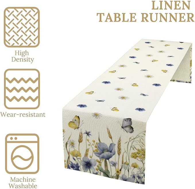Floral Table Runner, Spring Watercolor Flower Plants Nature Butterfly Table Runner for Kitchen Dinner Living Room Home Party, 13x36 Inch