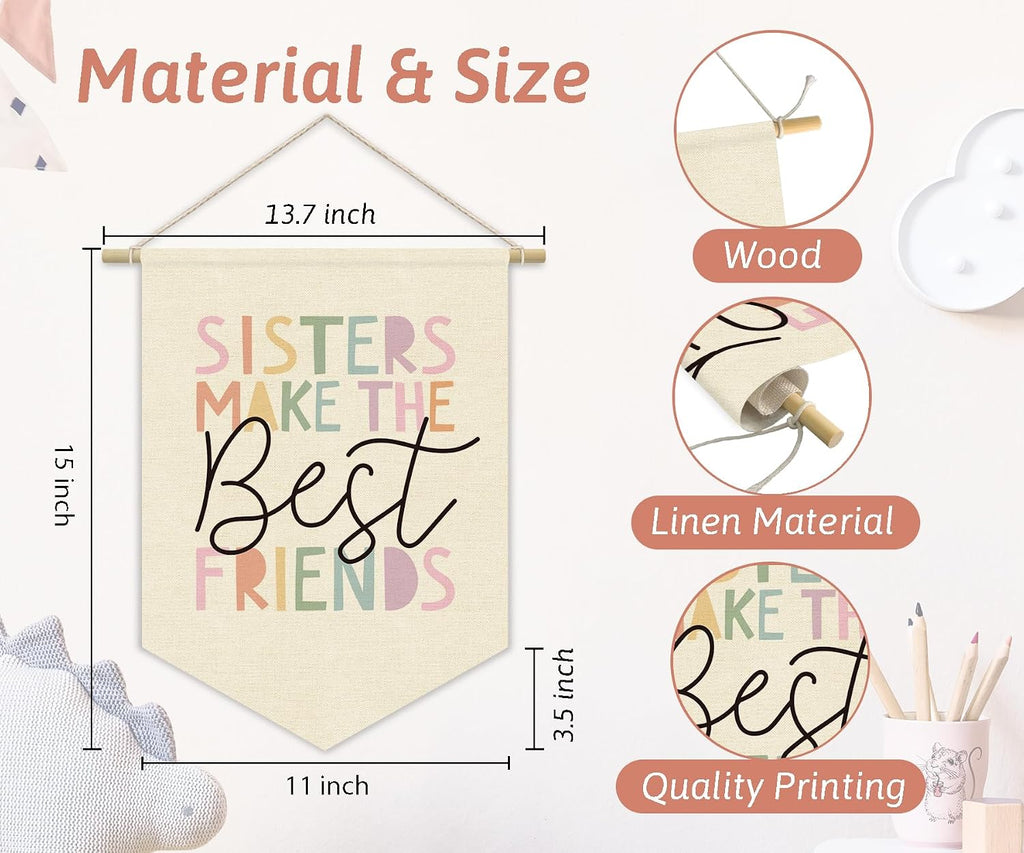 Girls Room Wall Art Decor,Cute Toddler Girl Room Pink Nursery Bedroom Playroom Canvas Banner Decorations,Sisters Make The Best Friends Wall Hanging Pennant Flag Banner for Teen Little Girls
