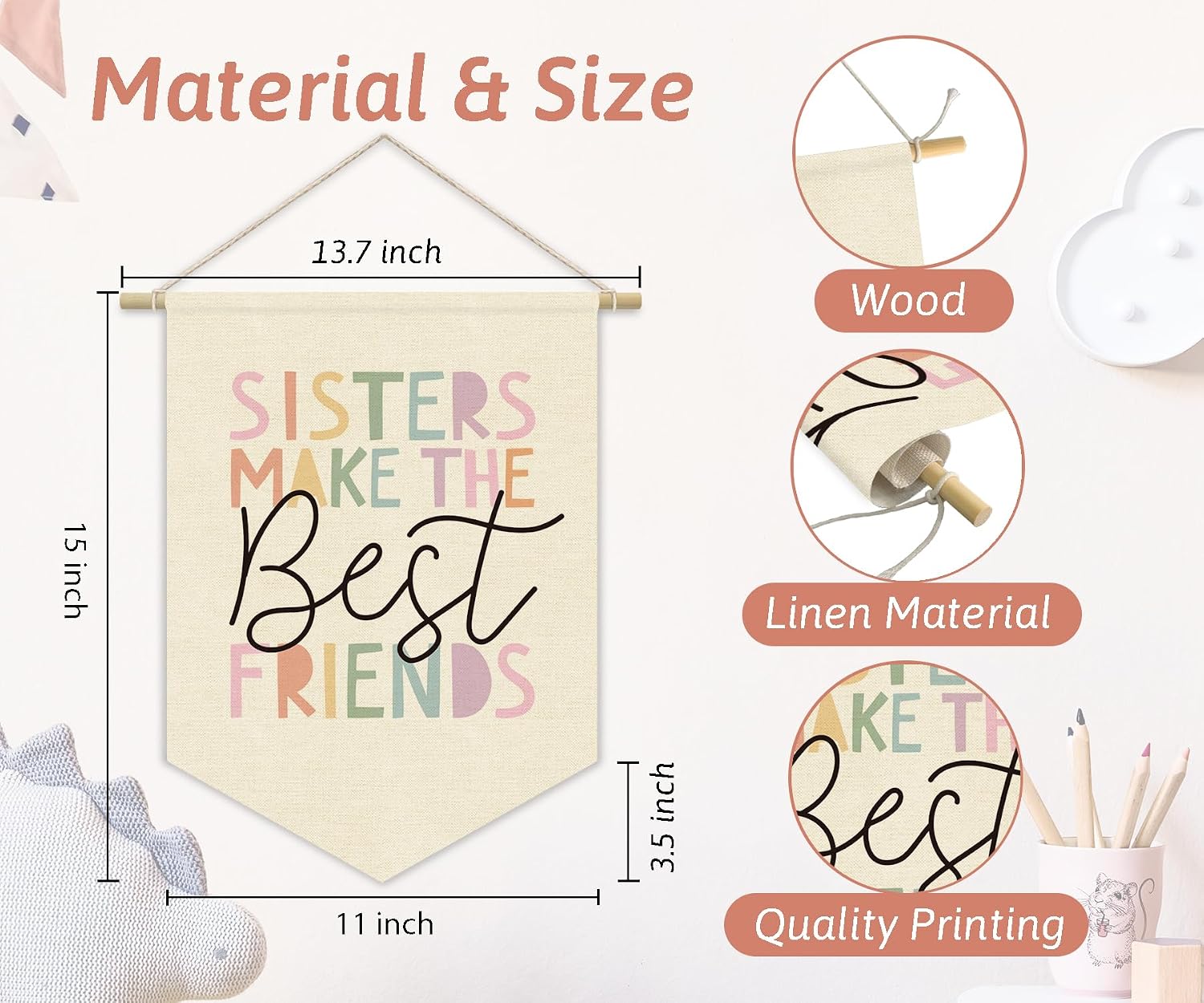 Girls Room Wall Art Decor,Cute Toddler Girl Room Pink Nursery Bedroom Playroom Canvas Banner Decorations,Sisters Make The Best Friends Wall Hanging Pennant Flag Banner for Teen Little Girls
