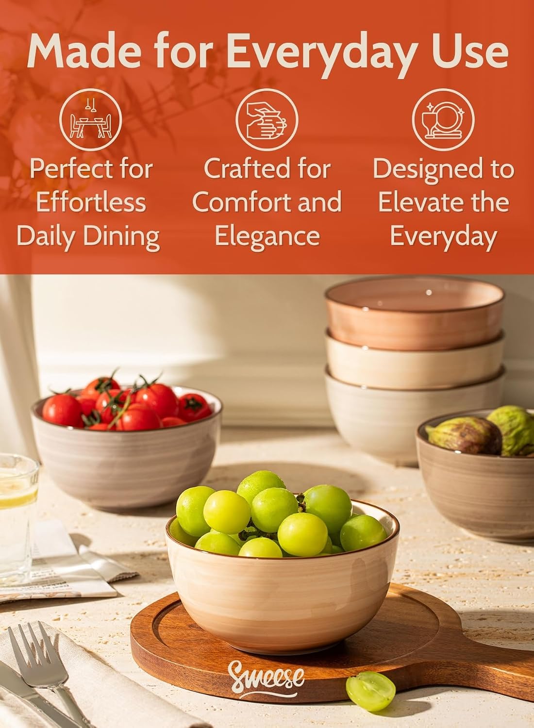 Sweese 20 Oz Porcelain Cereal Bowls - Multicolor Set of 6, Dishwasher Safe, f...