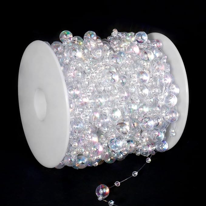 98FT Pearl Beads String Garland, 8mm 3mm Iridescent Faux Pearl Beads Roll Strand Bulk for Wedding Party Flower Christmas Decoration DIY Craft