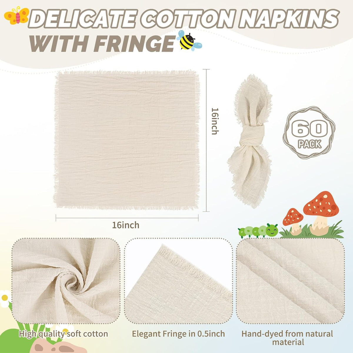 Showgeous 60 Pack Natural Cloth Napkins with Fringe, 16x16 inch 100% Cotton