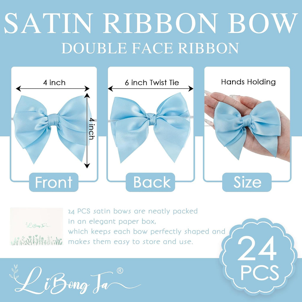 Blue Bows 24 PCS Baby Blue Satin Ribbon Bows 4" Pre-Tied Twist Tie Bow for Gift Wrapping Treat Bags Cake Pops Candy Apple Crafts Baby Shower Birthday Wedding Party Favors
