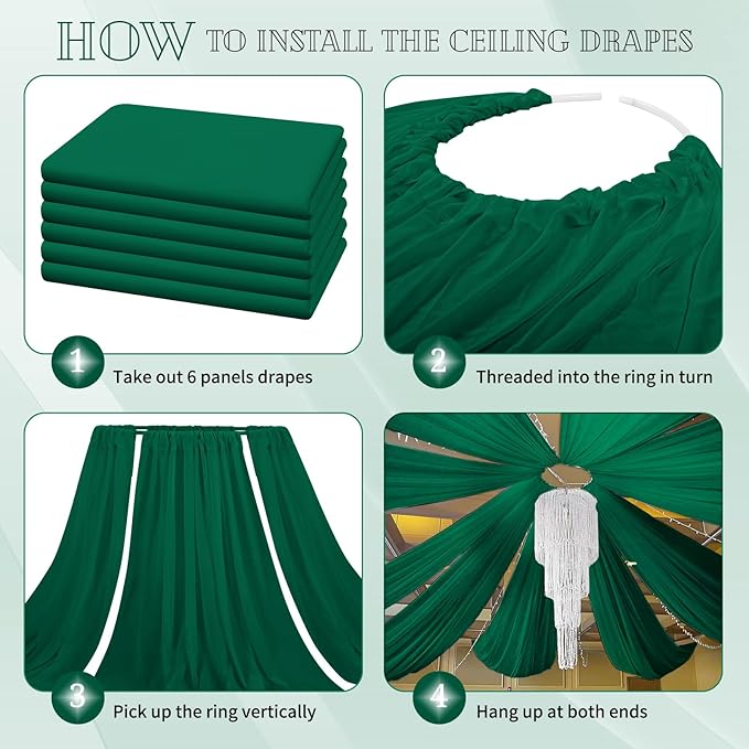 6 Panels Emerald Green Ceiling Drapes for Wedding 5ftx20ft Chiffon Fabric Arch Draping Curtains Sheer Drapery for Party Ceremony Birthday Baby Shower Reception Stage Swag Ceiling Decorations