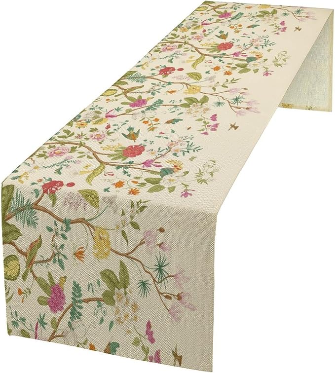 Floral Table Runner, Vintage Birds Wildflowers Herbs Nature Theme Linen Long Table Kitchen Dining Table Holiday Party Decorative Table Runner,13in（33cm） W * 108in（274cm） L