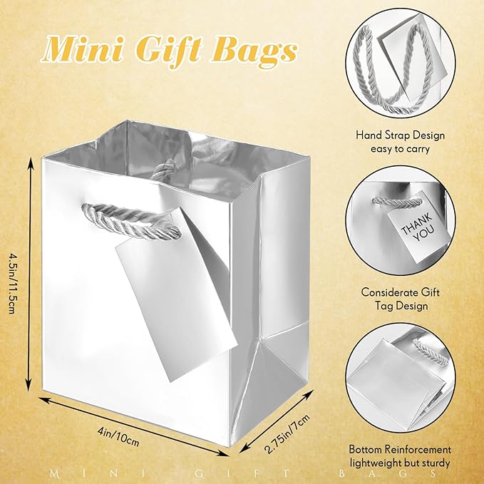 Sherr 100 Pack Mini Gift Bags Bulk, 4 x 2.75 x 4.5 Inches Paper Bags with Tags, Extra Small Paper Gift Boxes with Handles for Birthday, Party Favors, Weddings, Small Business(Silver)