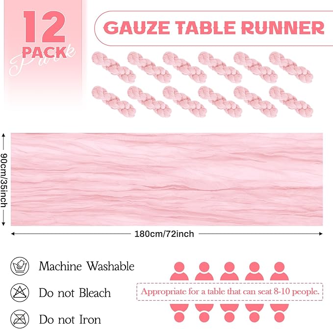 Aktor 12 Pack Pink Table Runner Boho Cheesecloth Table Runner Semi Sheer Gauze Fabric Runners for Wedding Birthday Baby Shower Party Boho Table Decoration（Pink）