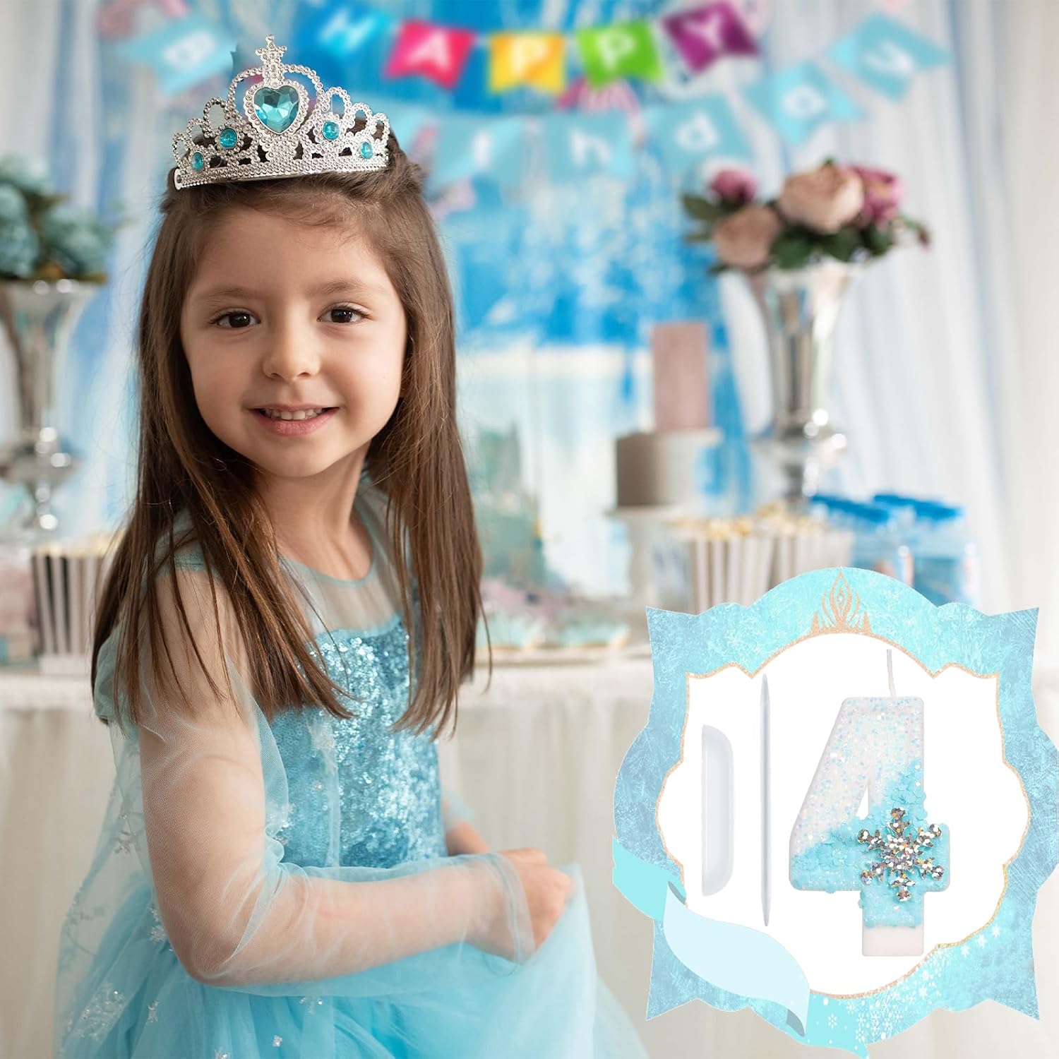 Sky Blue Frozen Themed Birthday Candles, Snowflake Number Candles for Kids Adults Birthday Party Supplies, 2.76 inch Number 4 Candle Cake Topper Decorations (Number 4)